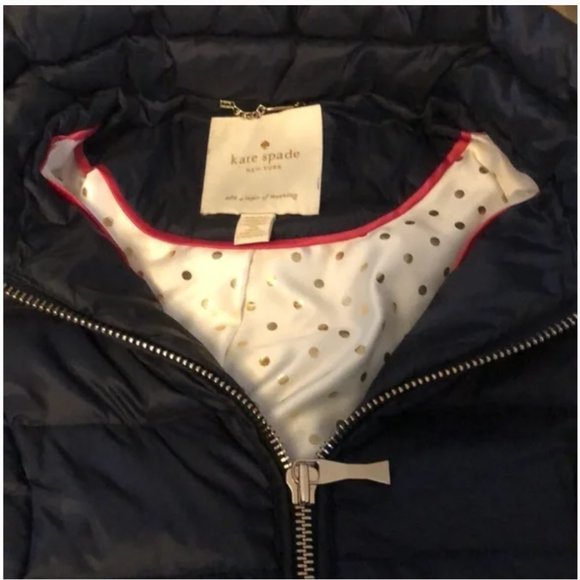 kate spade Faux Fur Trim Hooded Puffer Coat jacket deep navy size xs nwot - Picture 6 of 13